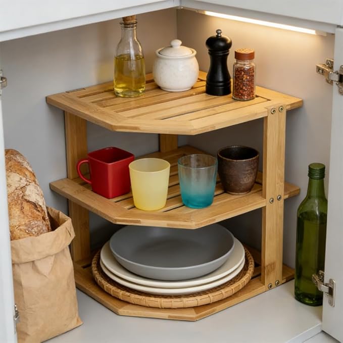 AKAZA 3-Tier Corner Shelf Counter and Cabinet Organizer - Steel Metal Wire - Rust Resistant (Bamboo)