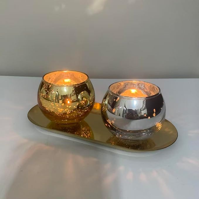 Glass Candle Holder with Golden Color Stainless Steel Tray Set, Glass Tea Light Candle Holder for Table Centerpiece, Candle Dish Coffee Table Decor Festival Home Decorations Jewelry Make Up Organizer