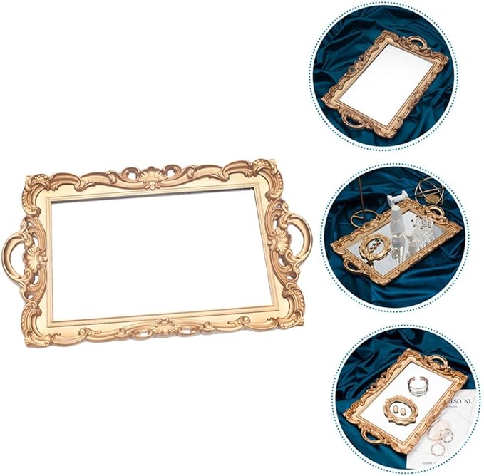 ABOOFAN European Vintage Mirror Tray Golden Rectangular Decorative Makeup and Perfume Storage Plate Photo Prop Organizer for Home Vanity