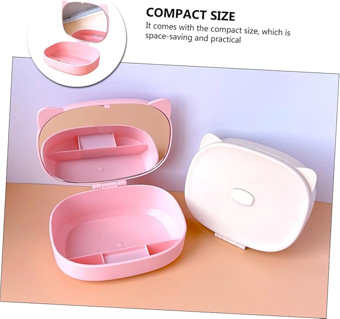 Didiseaon Jewelry Boxes for Boys and Girls Cartoon Cat Ear Design Necklace Organizer Makeup Storage Case Mirror
