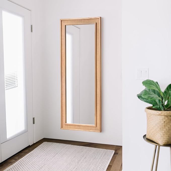 Rattan Full Length Mirror,18"x48" Long Rattan Wall Mirror,Wooden Mirror with Wicker Frame,Decorative Full Body Mirror Hanging,Farmhouse Rectangle Floor Mirror for Bathroom Living Dressing Room Nature