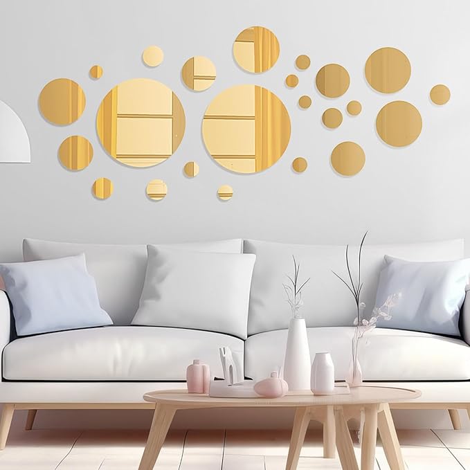 Shappy 32 Pieces Mirror Wall Stickers Removable Acrylic Setting Adhesive Round Circle Mirror Tiles Decals for Home Living Room Bedroom Decor (Gold,Medium Size)