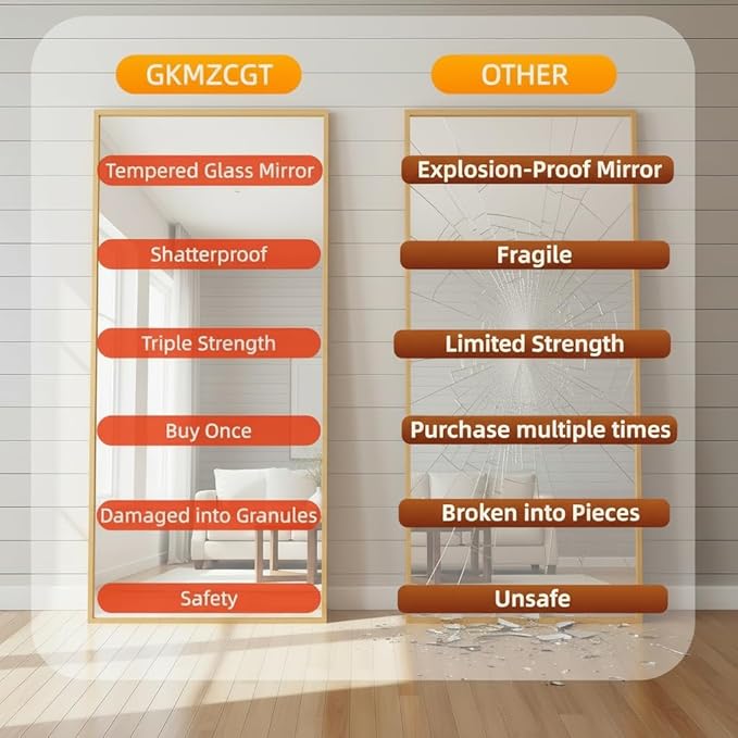 Full Length Mirror 71"x30"Rectangle with Stand Aluminum Alloy Frame Wall Mountable Tempered Glass Full Body Mirror, Standing Hanging or Leaning Against Wall for Bedroom and Living Room Gold