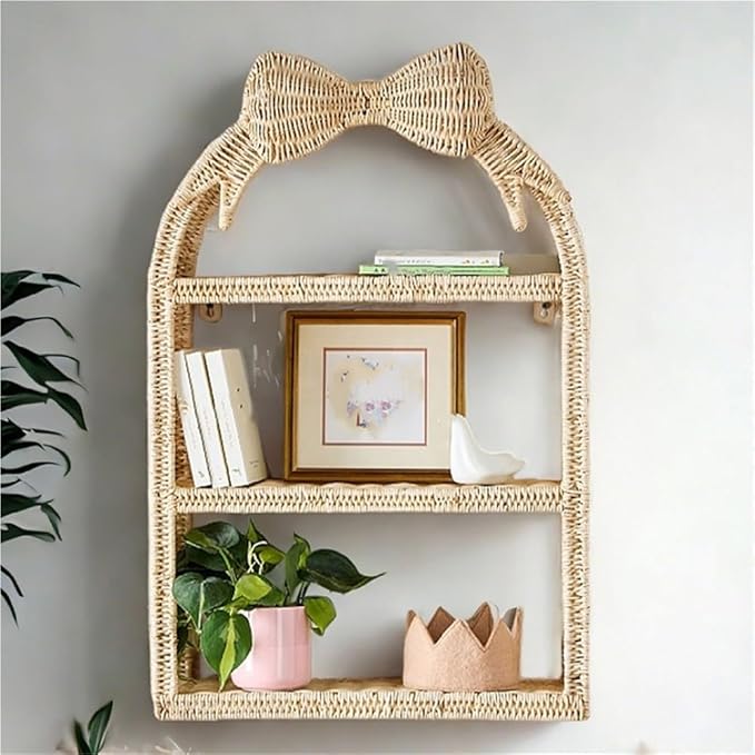 Rattan Wall Hanging Storage Basket, Boho Wall Decor and Woven Wall Shelf, Decorative Rattan Floating Shelves for Bohemian Style House, Cute Wall Art Above Couch or Bed