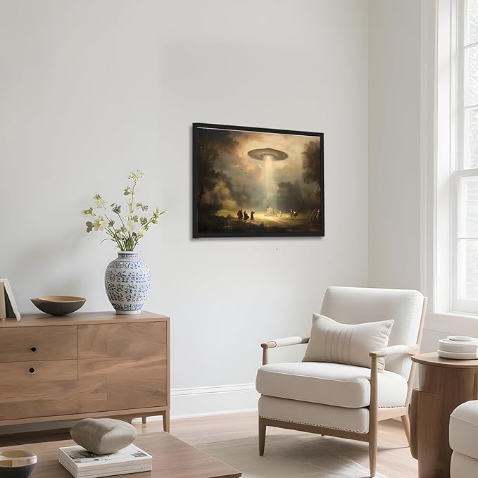 Vintage UFO Landscape Canvas Art Whimsical Farmhouse Wall Decor Retro Victorian Nature Painting Rustic Aesthetic Poster 24X36inch Black Framed