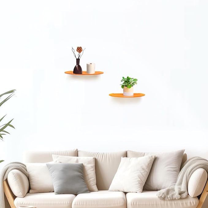 SetGame 2-Pack Acrylic Small Wall Shelves Wall Decor Wall Mounted, 12" Floating Wall Ledge Shelf, Acrylic Shelves for for Action Figures Display, Room Décor, Space Saving, Items Organizer, Orange