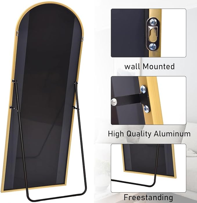 Floor Length Mirror, 81"x41" Arch Full Length Mirrors Full Length Hanging or Leaning with Stand, Wall Mounted Mirrors, Arched-Top Body Mirror with Aluminum Frame for Bedroom (Gold)