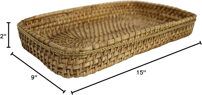 Home&Manor 15" Large Rectangular Brass Bordered Rattan Tray