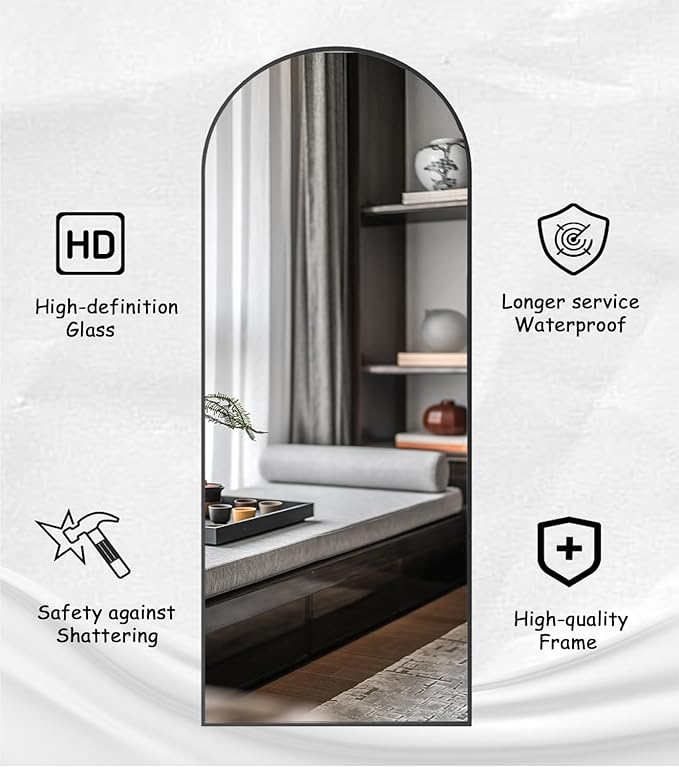 Rowjut Floor Full Length Mirror, Arched Mirrors Full Length 71"x30" Freestanding Large & with Aluminum Frame & Wall Mounted & Hanging or Leaning/Full Body Mirror for Bedroom, Black