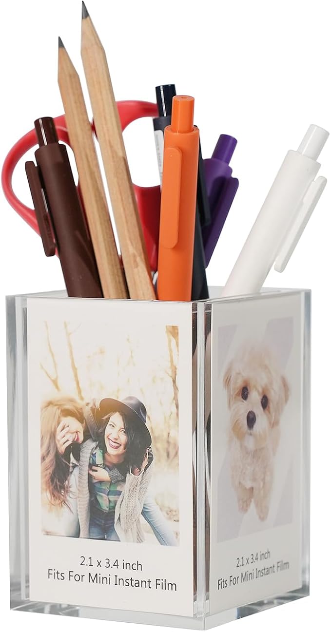 Instax Mini 2x3 Polaroid Photo Acrylic Frame,Small Picture Mini Cute Display Holder for Fujifilm Instax Mini 3-inch Photos Display, Clear Acrylic Photo Pen Holder,Office Desk Organizer