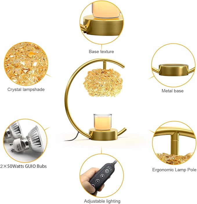 Yeuslor Bronze Candle Warmer Lamp for Jar Candles with Adjustable Brightness&Timer,Handcrafted Crystal&Wooden Base,Candle Lamp Luxurious Design+2Bulbs,Home Decoration Electric Candle lamp(C-Shaped)