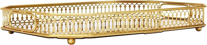Gold Mirrored Vanity Mirror Tray, 13.8 x 9.8 Decorative Serving Tray, Perfume and Makeup Organizer with Handles for Dresser,Bathroom, Jewelry Display, Decor Home