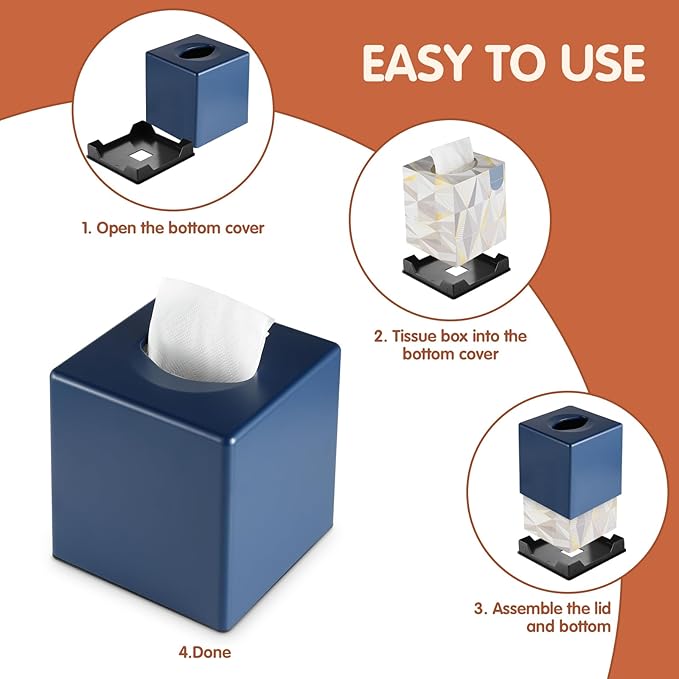 Y-in Hand Tissue Box Cover, Square Facial Tissue Holder Storage for Bathroom Vanity, Countertops, Dressers, Night Stand, Parlors and Offices - Navy Blue