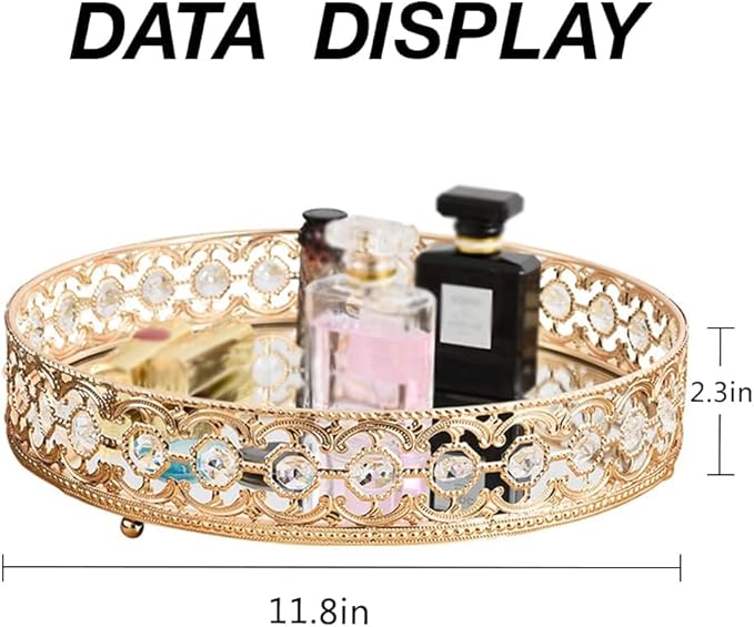 Round Gold Mirror Coffee Table Tray - Decorative Organizer for Perfume, Makeup, Vanity, Dresser Tops (11.8 in)