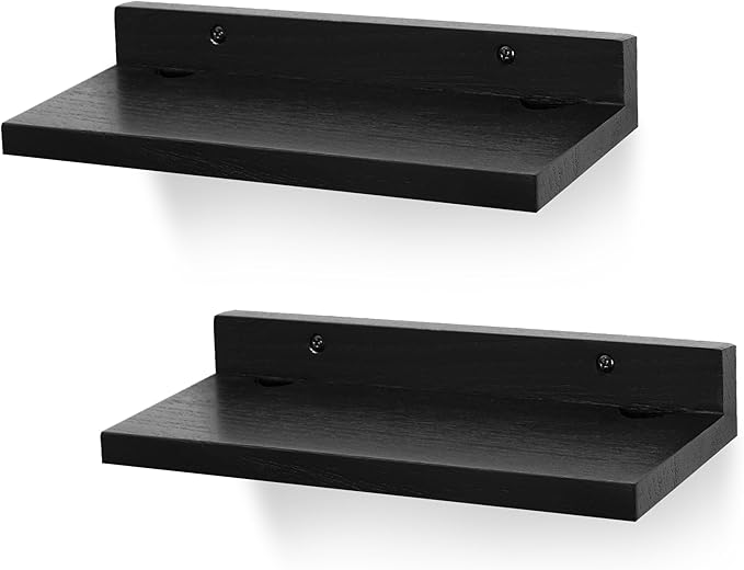 Small Floating Shelf for Wall,9X5 Inch Wall Mounted Shelf with Cord Hole,Small Display Shelves for Cameras, Webcam, Router,Smart Speaker,Action Figures-2 Pcs(Black