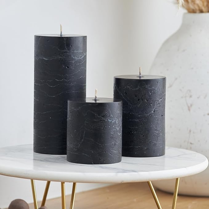 Simply Soson 3x6 inch Black Pillar Candles Set of 3, Rustic Texture, Unscented Black Candles, Dripless Candles, 3 inch Pillar Candles Ideal as Wedding, Parties, Spas, Dinner, Home Decoration, Church