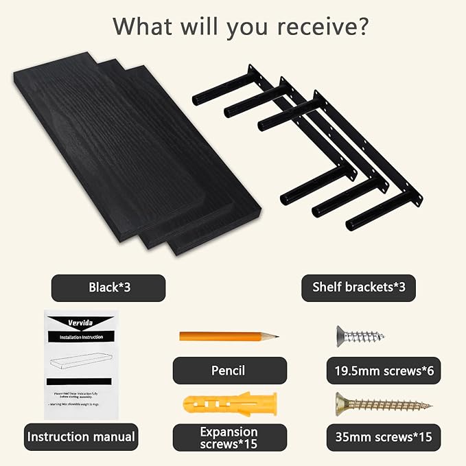 Vervida® Floating Shelves for Wall, 15" Rustic Wood Deep Wall Mounted Shelves with Invisible Brackets for Decor & Storage, Floating Shelf for Living Room, Bathroom (Black, Set of 3)