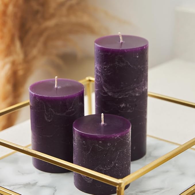 Simply Soson Purple Plum Rustic Texture Pillar Candles 3x4 inch - Set of 3 - Unscented Decorative Purple Candles, No drip Candle, Ideal as Large Candle for Home Decor, Weddings, Holidays