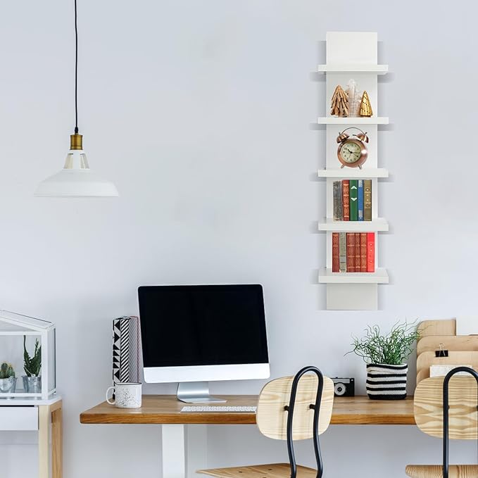 5 Tier Wall Shelf Unit - Narrow Smooth Laminate Finish - Vertical Column Wall Decor Mount Floating Storage Home Decor Organizer Tall Tower Utility Shelf for Bedrooms, Living Rooms(White)