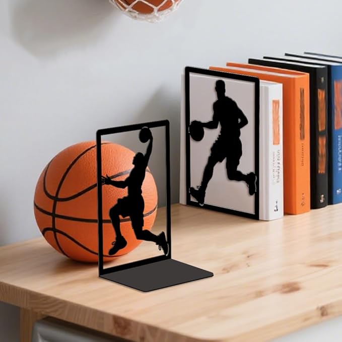 Peacoblue Metal Bookends for Shelves, Modern Decorative Heavy Duty Study Book Ends Stoppers for Office, Desk, Shelf, Room 5.3"x4.3"x7.9" Cast Iron Simple Tall Bookends 1 Pair (Basketball)