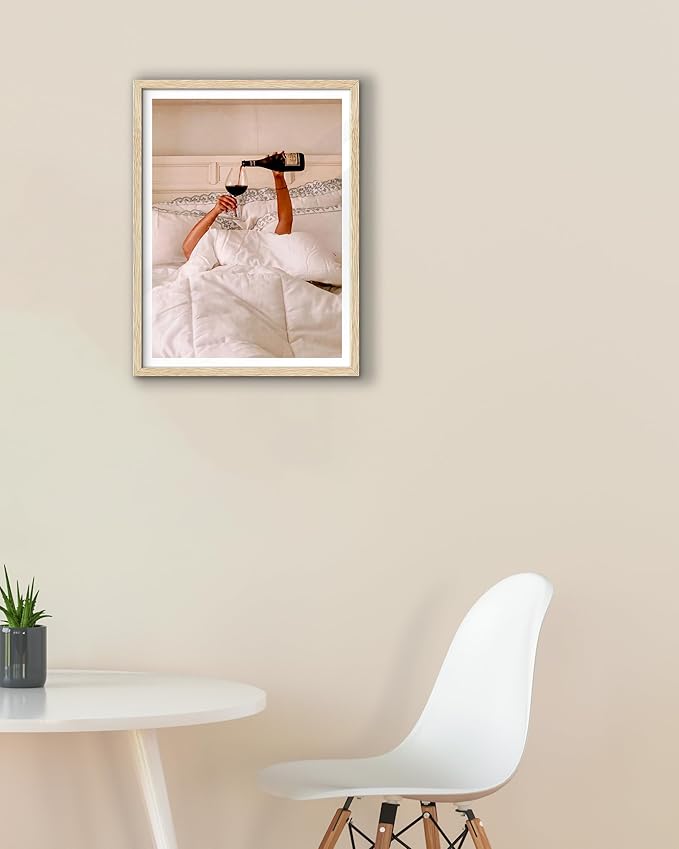 EcoHest Unframed Woman Drinking Wine in Bed Wall Art, 12x16 in OAK Wood Feminist Alcohol Canvas Art, Trendy Teen Girl Bar Cart Print College Room Decor, Beige Logs Set of 1 For Bedroom Living Room