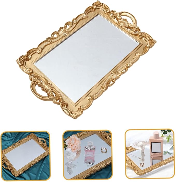 Zerodeko Decorative Perfume Tray and Mirror Vanity Tray for Dresser, Mirrored Makeup Organizer Plate for Bedroom and Bathroom, for Home Décor