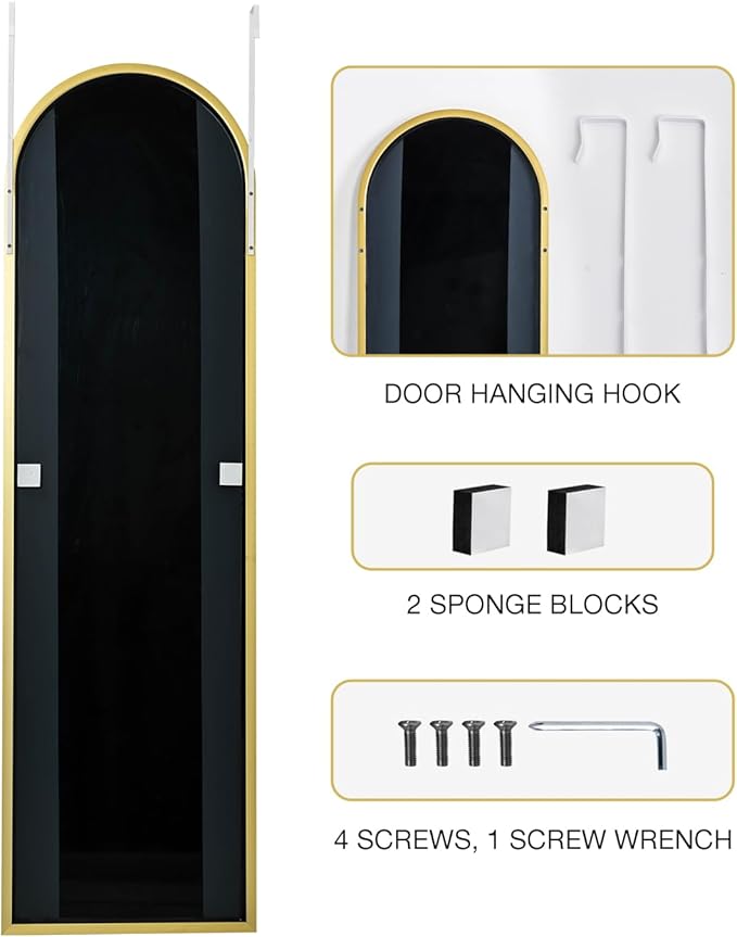 KOMCOTE Full Length Mirror 48x14 Inches - Over The Door Hanging Mirror for Bedroom, Living Room, Closet - Arch Floor Mirror, Door Mirror with Gold Frame - No Drill Easy Install