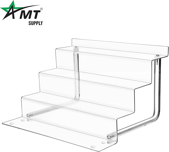 AMT Acrylic Riser Display Stand, 100% Acrylic Clear 4-Tier Organizer for Figures, Cupcake, Perfume, Sunglasses (12 inch x 2.4 inch) 1-pack