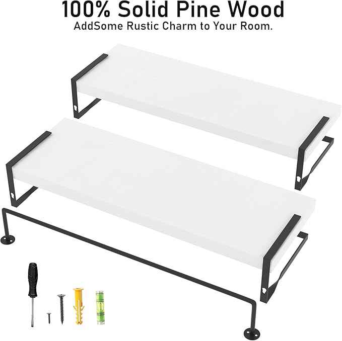 White Wood Floating Shelves Wall Mounted - 2+1 Tier Rustic Bathroom Wall Shelves Over Toilet with Towel Bar, Natural Wood Set of 2 Farmhouse Floating Shelf for Bathroom, Kitchen, Bedroom.