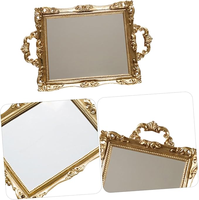BESPORTBLE Vintage Carved Mirror Tray Nordic Style Retro Gold Resin Decorative Storage Plate for Makeup Perfume Vanity Table Organizer