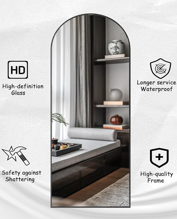 Rowjut Floor Full Length Mirror, Arched Mirrors Full Length 81"x41" Freestanding Large & with Aluminum Frame&Wall Mounted & Hanging or Leaning& Full Body Mirror for Bedroom, Black