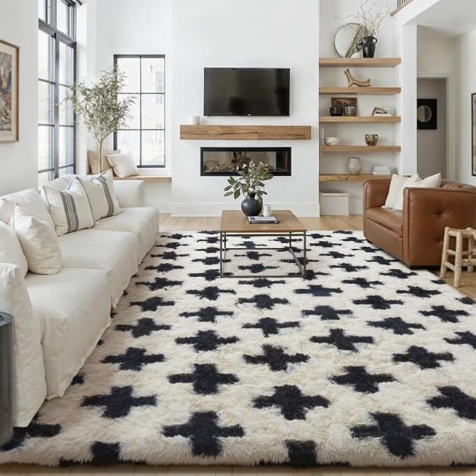 PureCozy Modern Rug 9x12 for Living Room, Black and White Shag Rug Washable Non-Slip Large Area Rug Super Soft Indoor Fuzzy Carpet Fluffy Rugs for Bedroom Home Aesthetic Decor