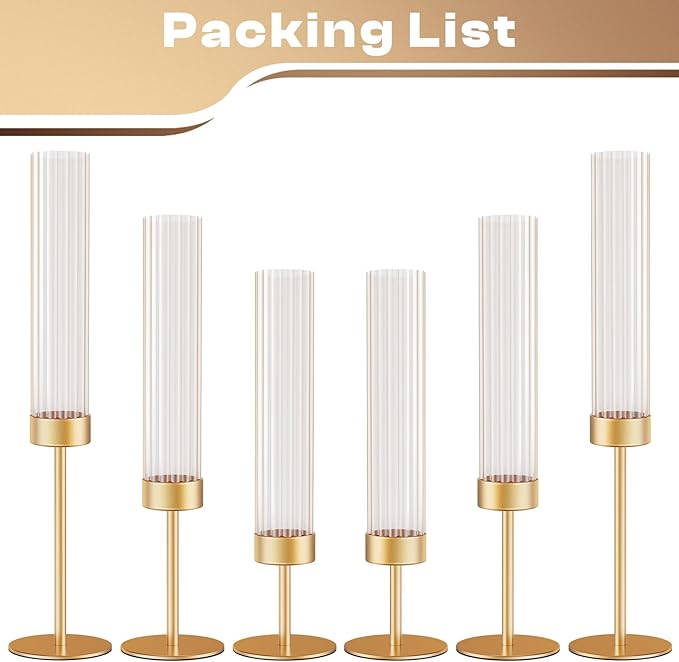 Gold Hurricane Candle Holders: Fluted Candlestick Holders for Wedding Tall Brass Taper Candle Holder Modern Candle Sticks Holder Decor for Table Centerpiece Party Birthday Christmas Set of 6