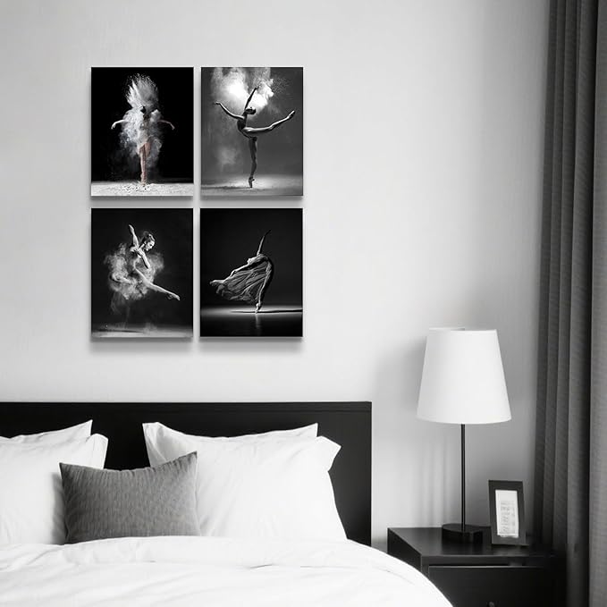 NCYEL 4Pcs Black and White Ballet Wall Art Girl Dancing Canvas Prints Elegant Dance Wall Decor Poster Modern Gallery Style Prints Living Room Bedroom Pictures 8x10 Inch Unframed