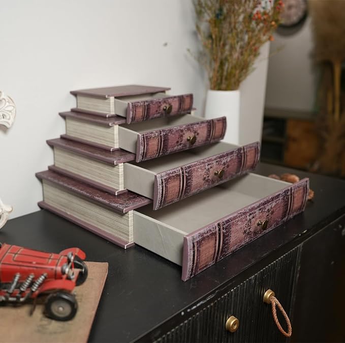 Book Storage Box with Drawer, Distressed Reddish Brown Faux Leather Cover with Classic Damask Pattern, Hidden Vintage-Style Organizer for Jewelry or Keepsakes, 7″ x 5″ x 1.6″