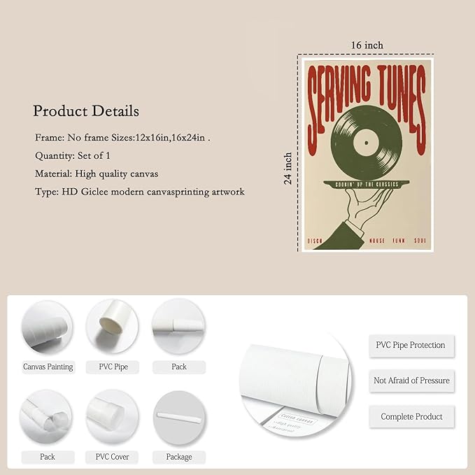Vintage Wall Art Music Vinyl Records Canvas Poster Trendy Modern Music Wall Art Minimalist Aesthetic Prints Serving Tunes Poster Print Artwork for Bar Living Room Bedroom Home Decor, 16x24in Unframed