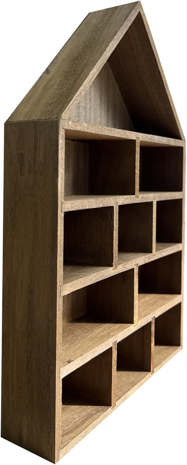 TANG SONG 1 PC 11-Slot Wooden House-Shaped Mini Figures Cubby Box Display Shelf Organizer Storage Box (Dark Brown)