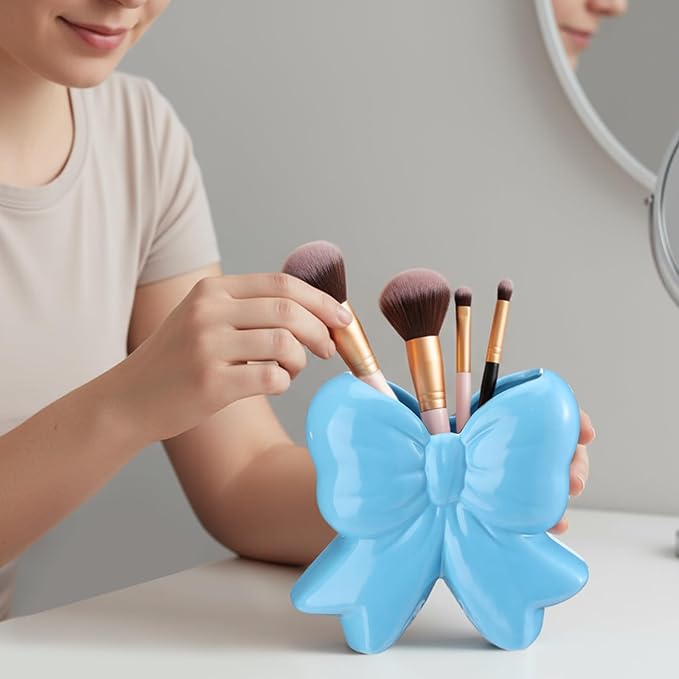 Jingmore Bow Vase Coquette Ceramic Vase Pen Holder Makeup Brush Holder Contemporary Design Decorative Women Gift for Christmas Home Office Shelf Table Room(Blue,Small,Classic)