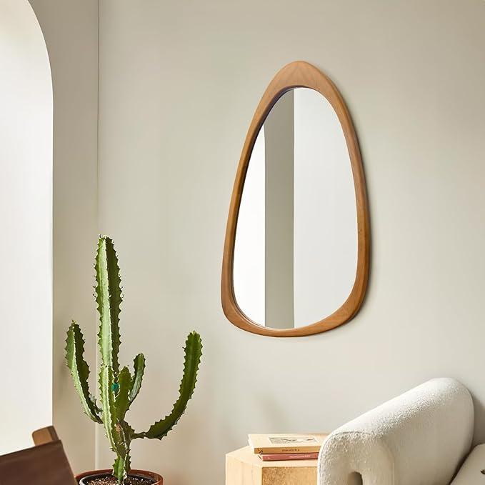 sawsile Irregular Wall Mirror for Bathroom,Wood Asymmetrical Rustic 19.5 x 30.5 inch Farmhouse Vanity Unique Walnut Decorative Large Mirror for Entryway,Bedroom,Living Room,Washroom