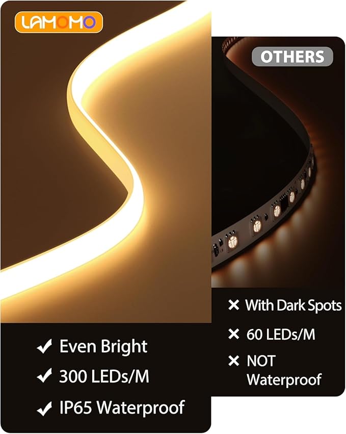Lamomo COB LED Strip Lights Pro, 32.8Ft Warm White Dimmable Self-Adhesive Led Rope Light with Remote, Flexible Cuttable Waterproof 3000K Silicone Neon Tape Lights for Bedroom, Indoor, Outdoor,Cabinet