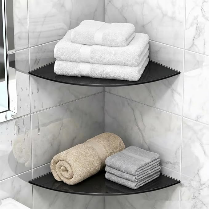 Glass Corner Shelf, 2-Pack Heavy Duty Tempered Glass Bathroom Shelf with SUS 304 Stainless Steel Brackets Wall Mounted Floating Shower Shelves for Shampoo Soap Drilling Installation