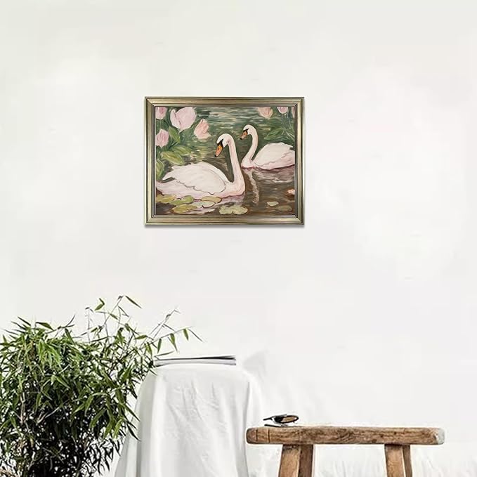 Vintage Framed Swan Wall Art Pink and Green Girls Room Decor Girly Office Canvas Print Painting Home Artwork