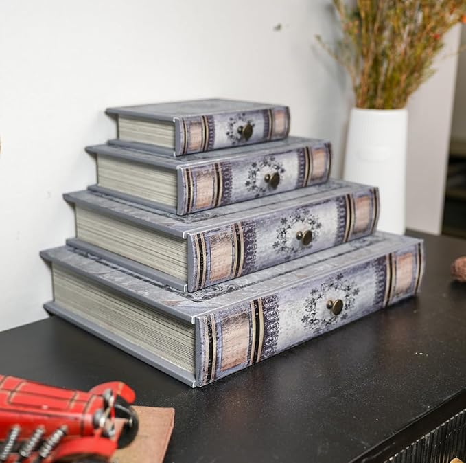 Vintage Book Storage Box with Drawer, Distressed Gray Faux Leather Cover with Ornate Baroque Design, Hidden Organizer for Jewelry or Office Bookshelf Decor 7″ x 5″ x 1.6″