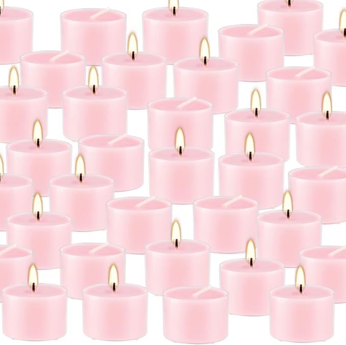 Rose Scented Candle Tealight Candles in Clear Cup, 8 Hours Consistent Smkless Clean Burning, Great for Valentine's Day Holiday, Wedding, Spa, Emergency and Home Decoration(Pink,50 Pack)