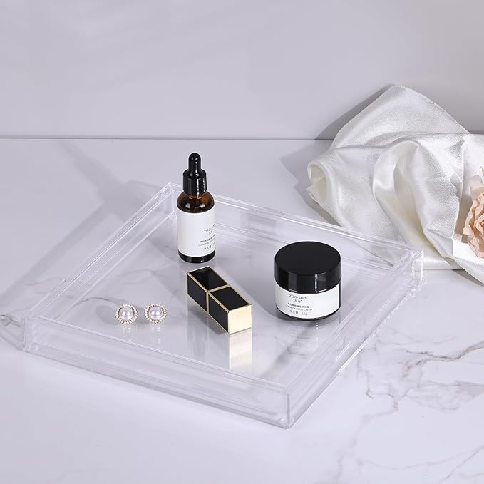 Clear Acrylic Tray - 10"x10" Multipurpose Square Decorative Tray for Perfume Display & Serving, Bathroom Sink Vanity Organizer Tray for Bathroom, Vanity, Coffee Table, Living Room Decor