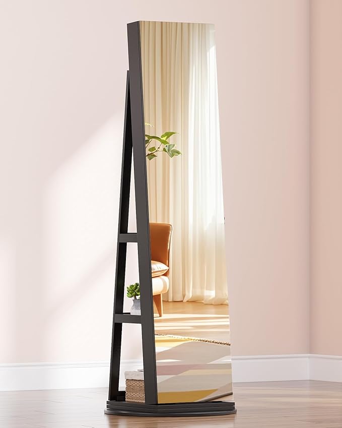 Vlsrka 360° Swivel Mirror Jewelry Cabinet with Lights, Large Jewelry Armoire Cabinet Standing, Lockable Free length Mirror with Storage, Rear Storage Shelves, Black