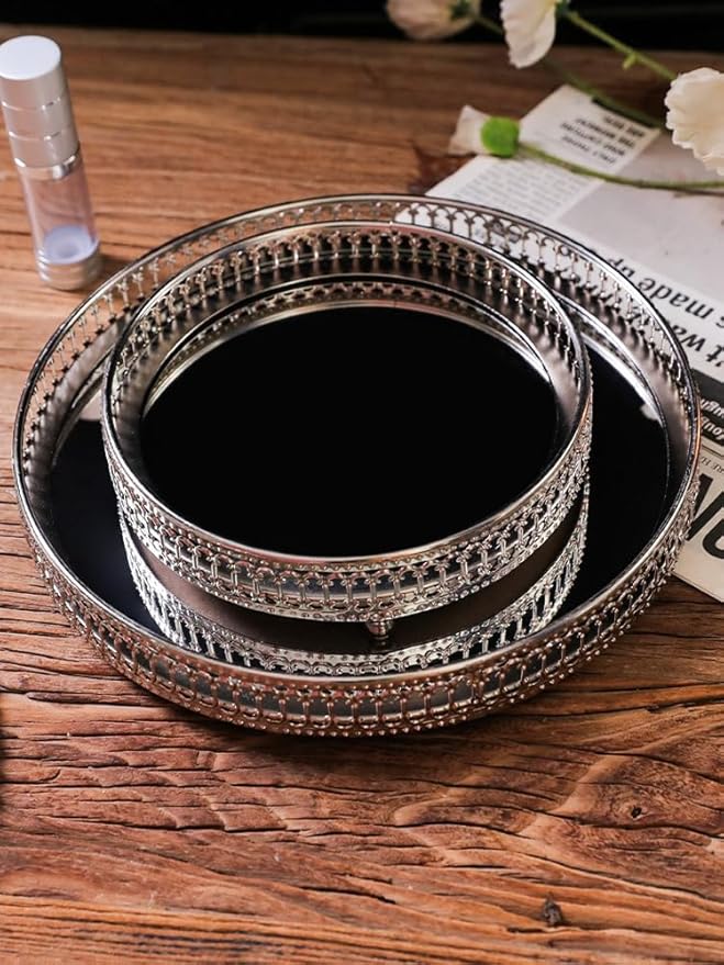 Mirror Tray, Makeup Decorative Storage Mirror Tray, Gold Or Silver Glass Mirror Crystal Vanity Tray, Antique Mirror Serving Tray Round Ornate Jewelry Trinket Organizer Tray for Home Decor(#4)
