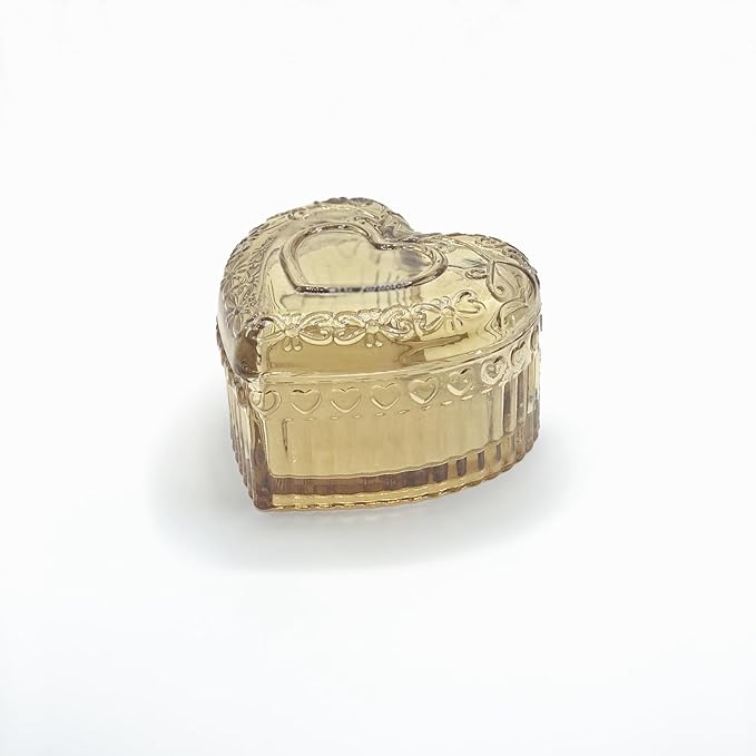 Glass Jewelry Box Heart Shape Cute Box for Storage Ring Earring Trinket Vintage Jewelry Organizer Decorative Gift for Women Girls-GRB003-Amber