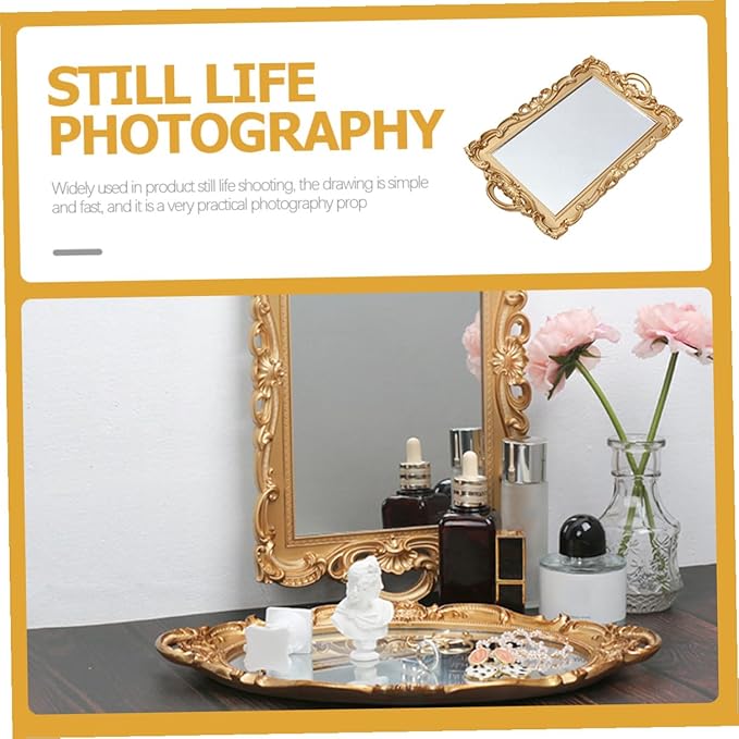 Vintage Mirror Tray for Perfume and Jewelry, Decorative Dressing Table Makeup Tray with Glass Mirror Plate, Elegant Dresser Organizer for Home Décor and Cosmetic Display