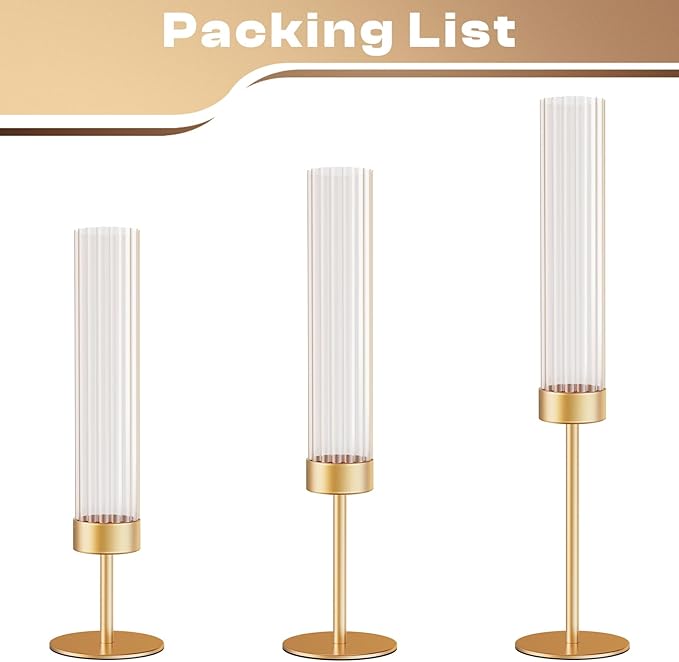 Gold Hurricane Candle Holders: Fluted Tall Candlestick Holders for Wedding Brass Taper Candle Holder Modern Candle Sticks Holder Decor for Table Centerpiece Christmas Party Home Set of 3